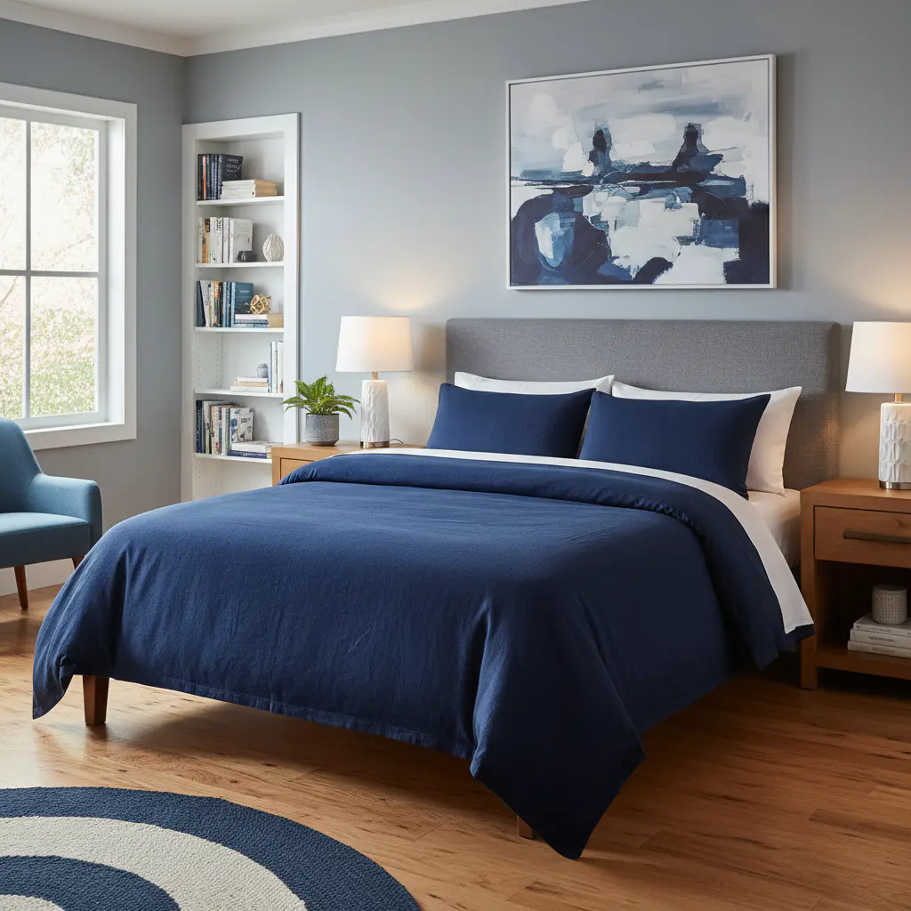 Neat bedroom with dark blue blanket