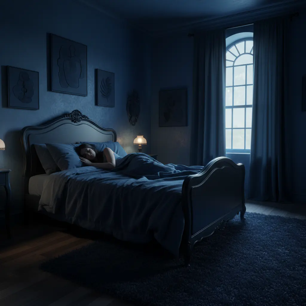 Person sleeping deeply in a dark blue room