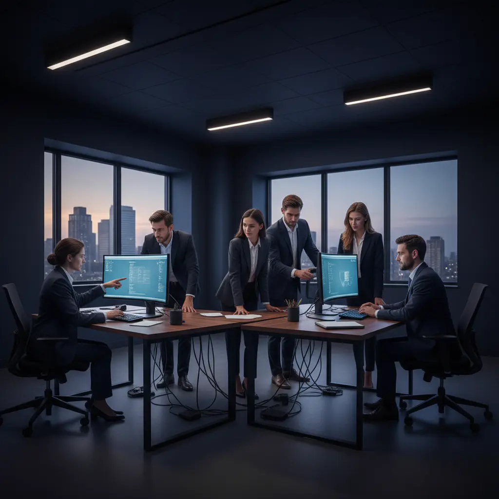 Team working in softly lit office