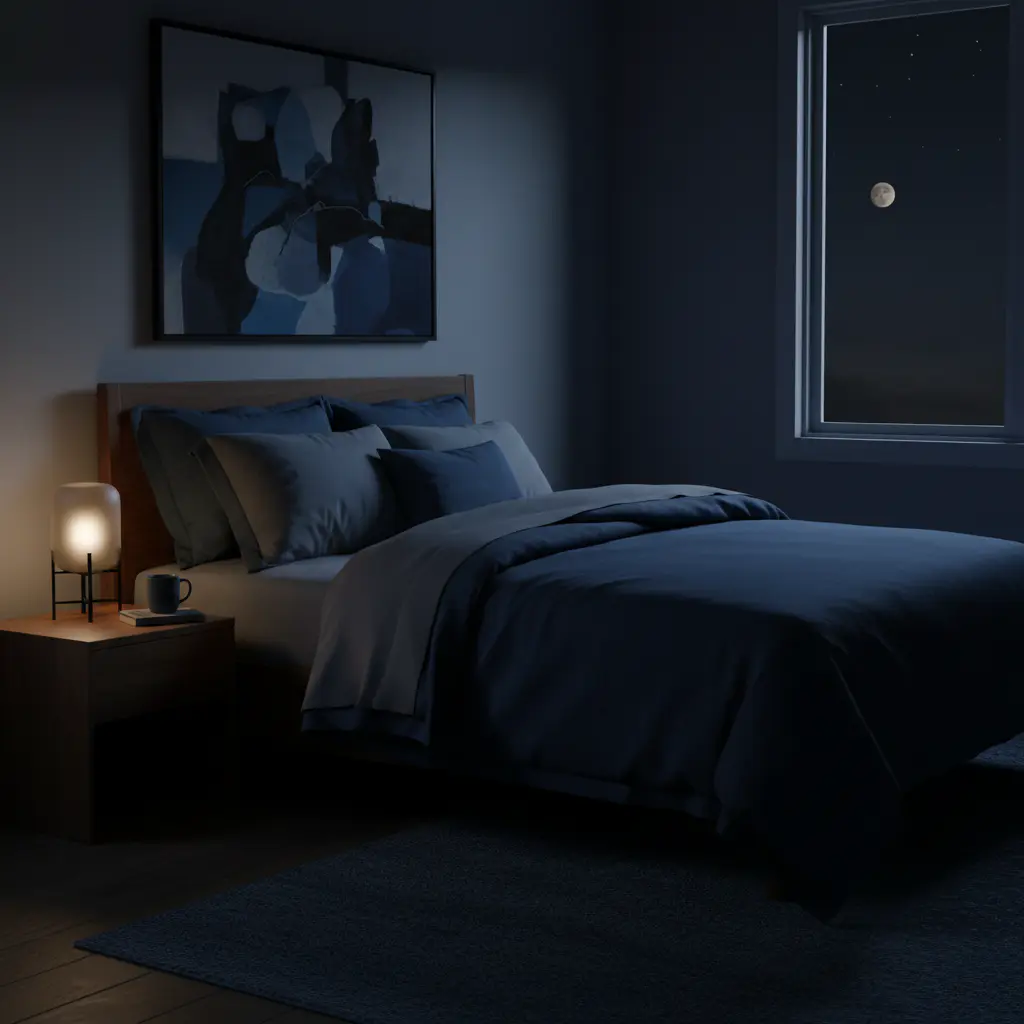 Neat bedroom with dark blue blanket